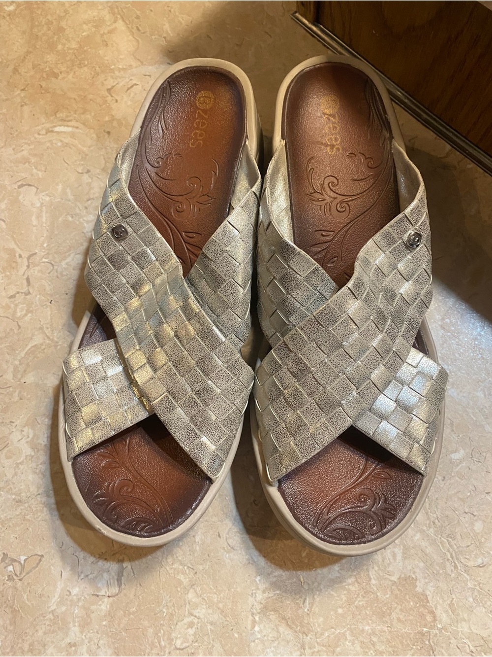 Bzees Silver Woven Slip-On Mules